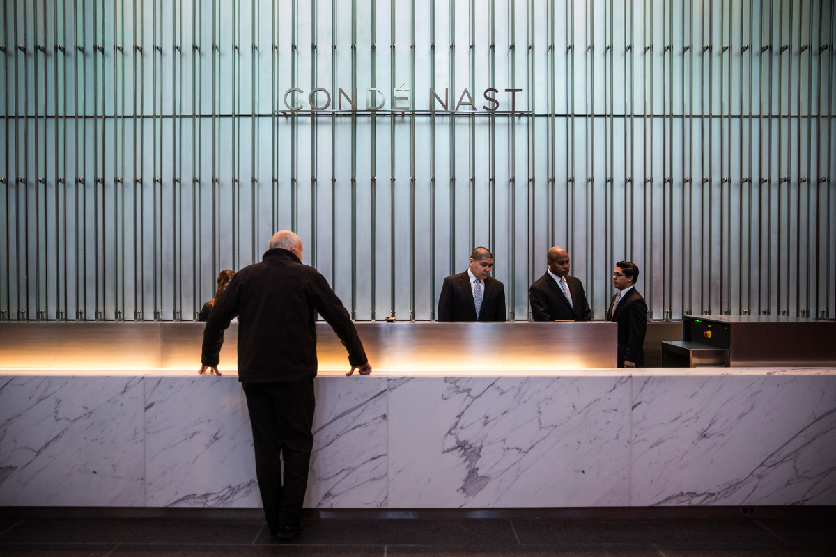 Condé Nast’s front desk at One World Trade Center in New York City. Photo: Andrew Burton/Getty Images