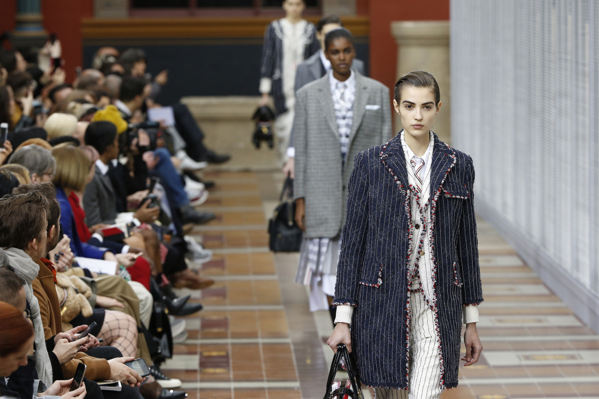 Looks from the Thom Browne Fall 2019 collection. Photo: Estrop/Getty Images
