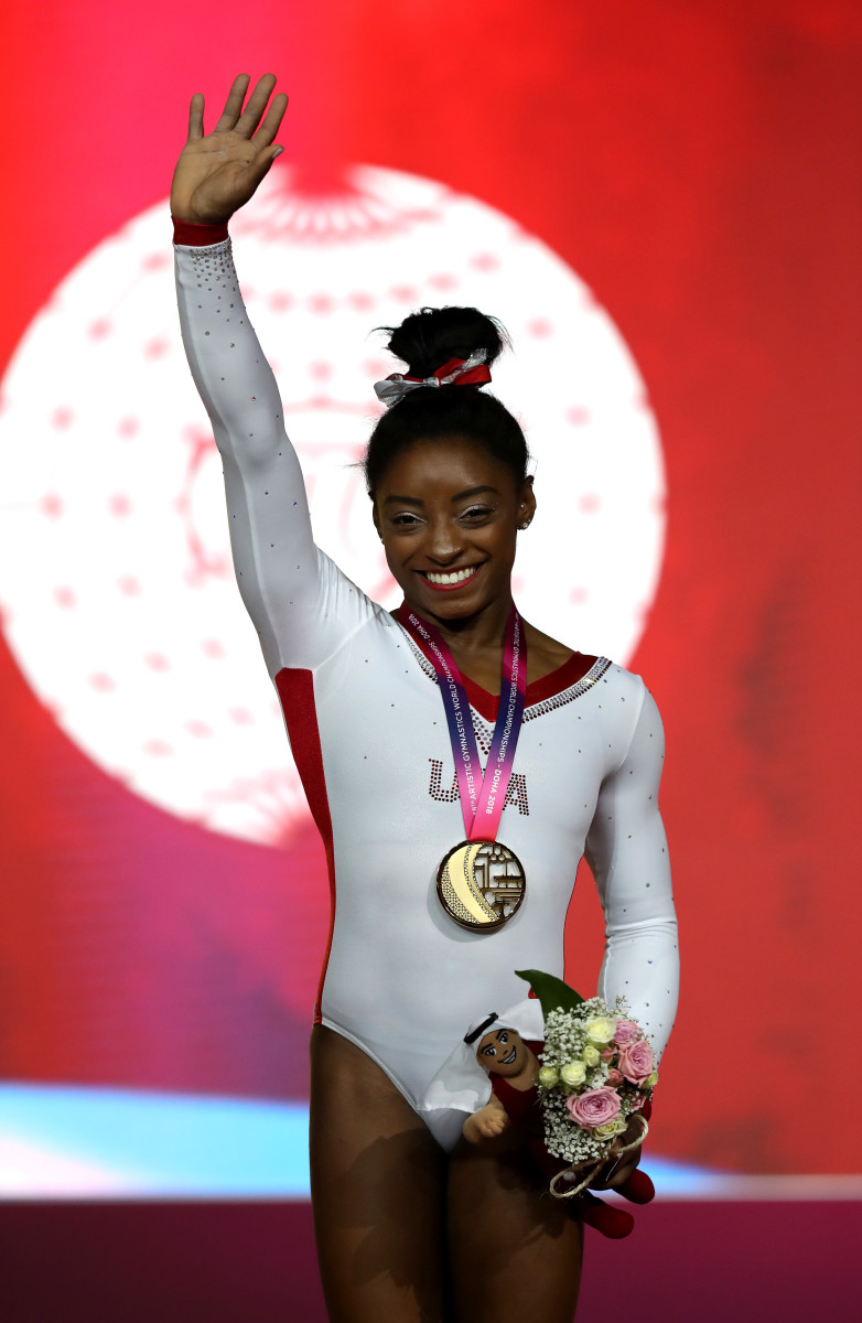Simone Biles at the 2018 FIG Artistic Gymnastics Championships in Doha, Qatar. Photo: Francois Nel/Getty Images