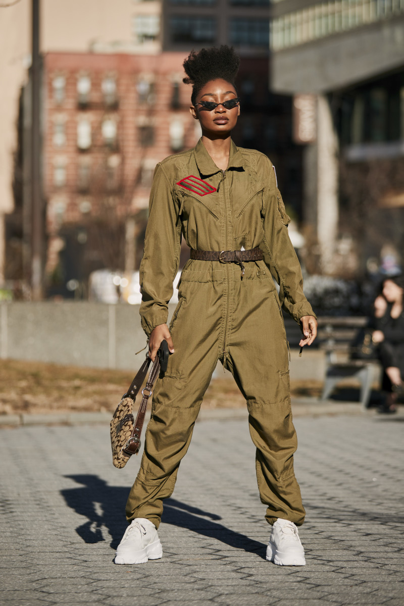 A boiler suit worn on the street at New York Fashion Week. Photo: Imaxtree