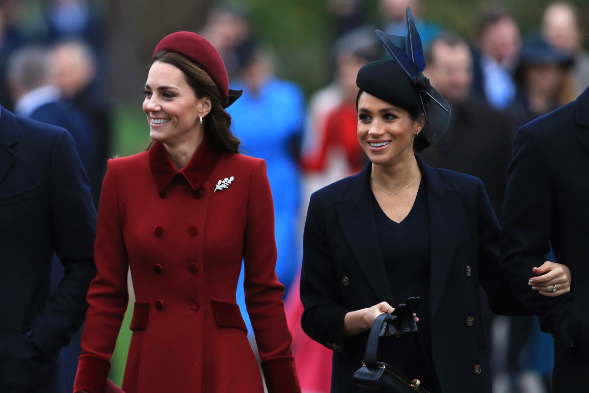 Duchess of Cambridge Kate Middleton and Duchess of Sussex Meghan Markle at a Christmas Day Church service in King's Lynn, England. Photo: Stephen Pond/Getty Images