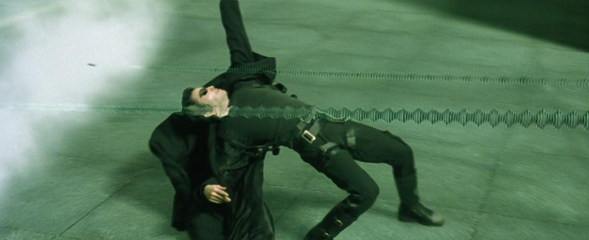 Barrett also says "a lot of really big fans" and the perfect lightweight wool blend helped create the now-iconic billowing effect of Neo's coat in the Bullet Time sequence. Photo: Screengrab/The Matrix