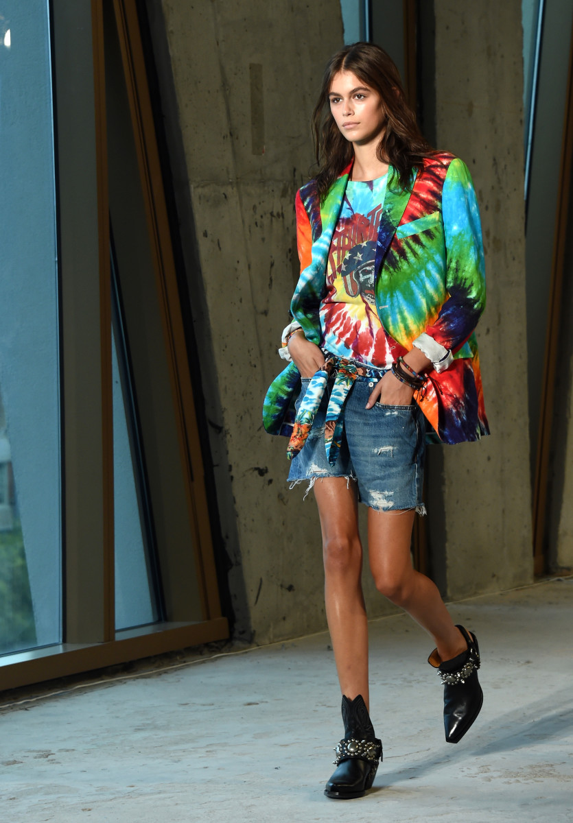 Kaia Gerber in distressed denim shorts for the R13 Spring 2019 runway show during New York Fashion Week. Photo: Dimitrios Kambouris/Getty Images
