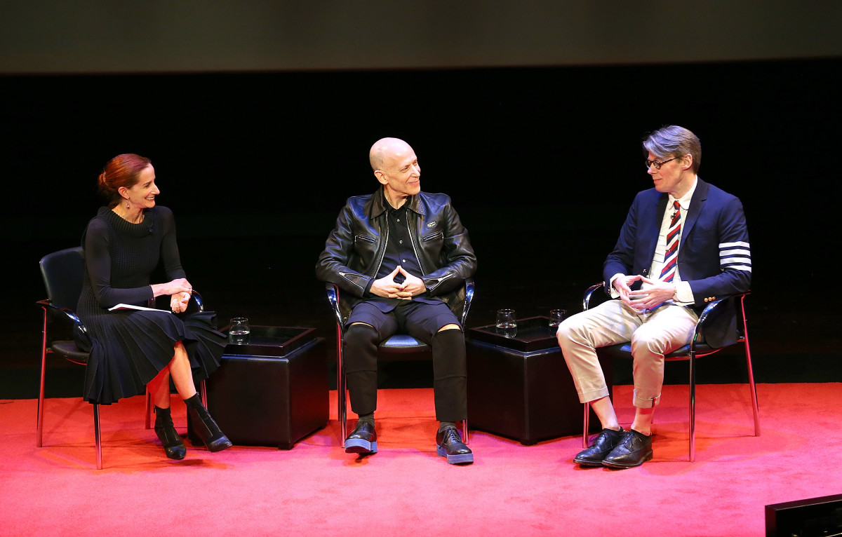 Vanessa Friedman, Adrian Joffe, president and CEO of Comme des Garcons and Andrew Bolton, curator in charge of the Costume Institute at The Metropolitan Museum of Art, at TimesTalks Presents Adrian Joffe x Andrew Bolton Discussing Rei Kawakubo At The Met in 2017. Photo: Paul Zimmerman/WireImage