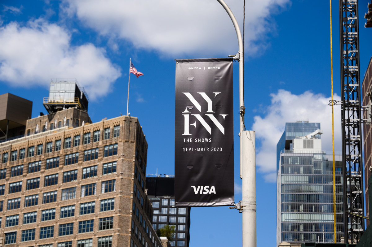 A NYFW: The Shows flag is seen near Spring Studios as New York City continues Phase 4 of re-opening, with additional restrictions.
