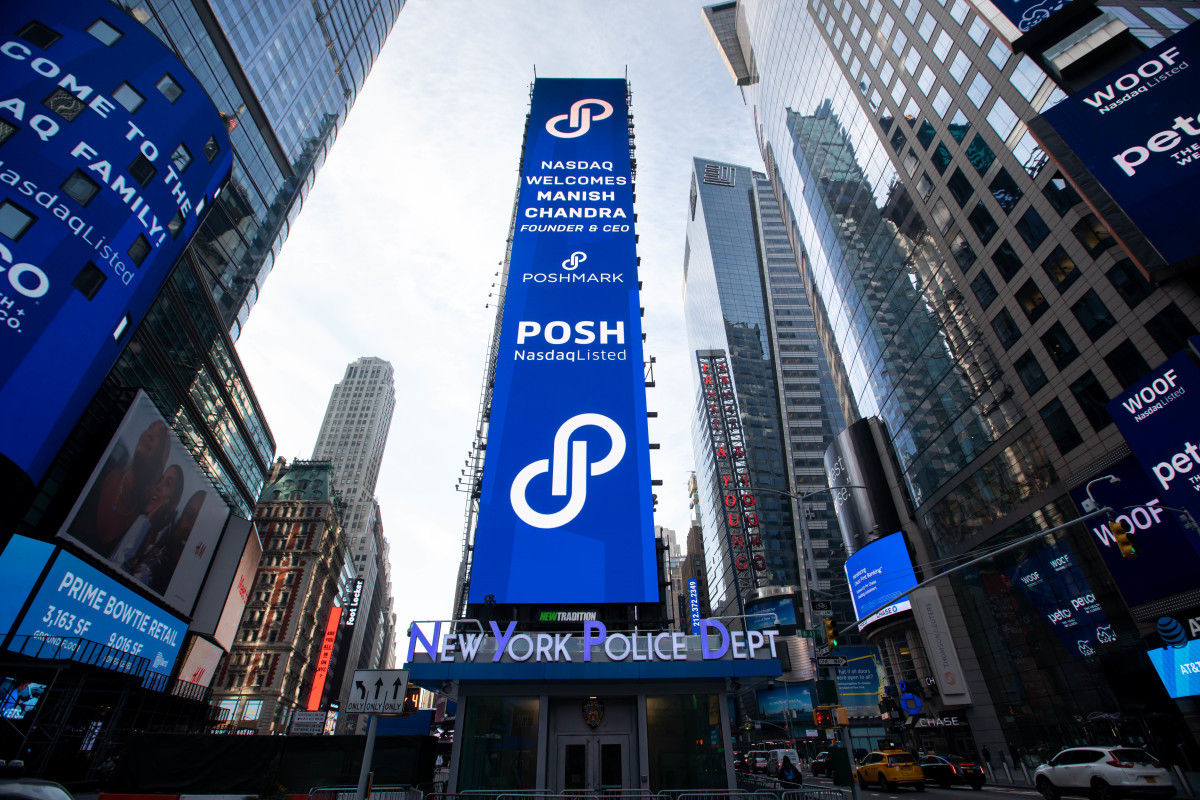 Poshmark Inc. signage outside the Nasdaq MarketSite during the company's IPO in January 2021. 