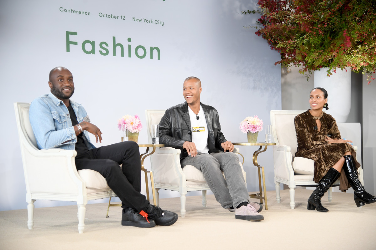 Virgil Abloh — pictured onstage with Heron Preston and Chioma Nnadi at the 2017 Forces of Fashion conference — returns in 2020. 