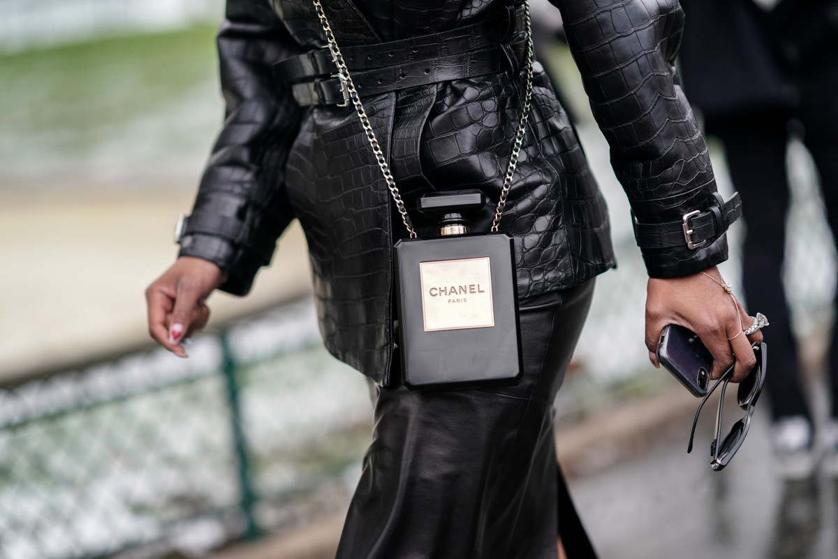 A Chanel bag in the form of a perfume bottle, during Paris Fashion Week. 