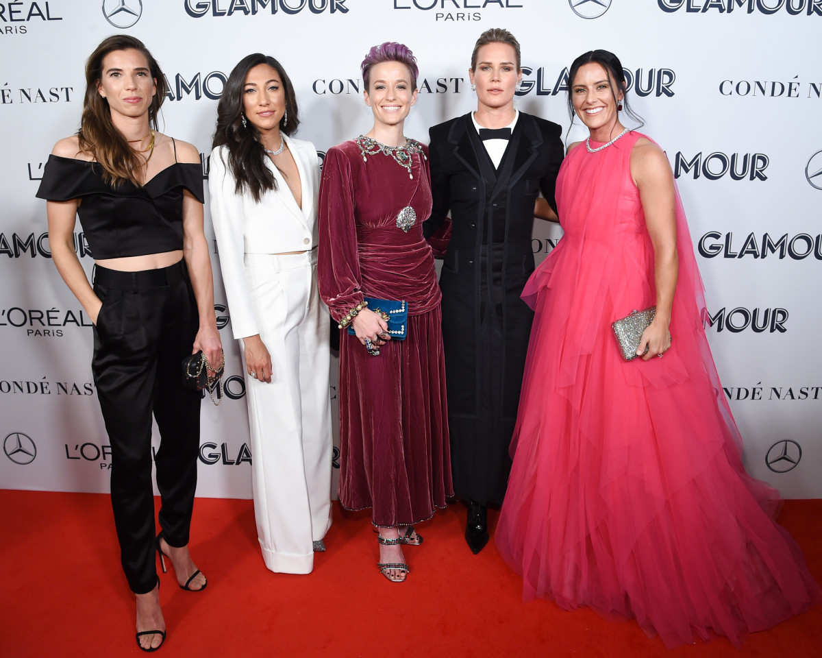 (L-R) Tobin Heath, Christen Press, Megan Rapinoe, Harris and Krieger (wearing Carolina Herrera) at the 2019 Glamour Women Of The Year Awards.