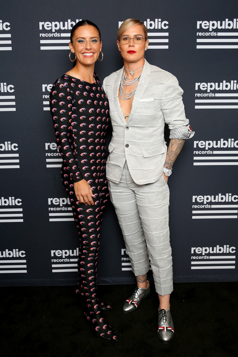 Krieger and Harris, wearing archival Thom Browne, at a party for the 2019 VMAs. 