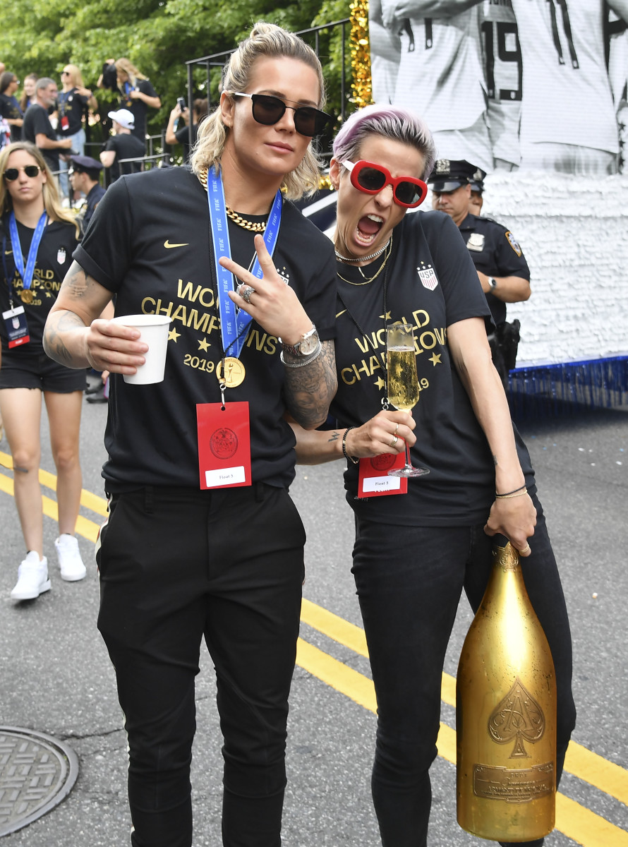 Harris with Megan Rapinoe at the ticker tape parade following the USWNT's World Cup win.