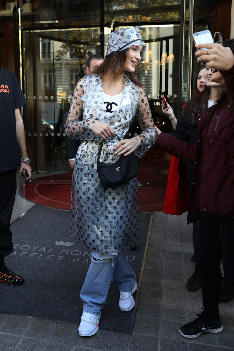 Bella Hadid carrying a vintage Prada nylon bag during Paris Fashion Week in September 2018.