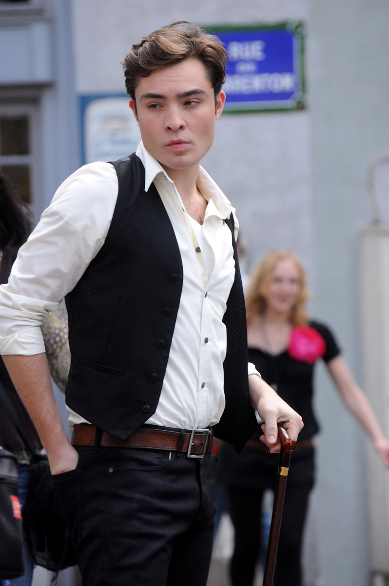 Ed Westwick in Paris, playing the 'Gossip Girl' character of Chuck Bass in what might classically be referred to as a "belt."