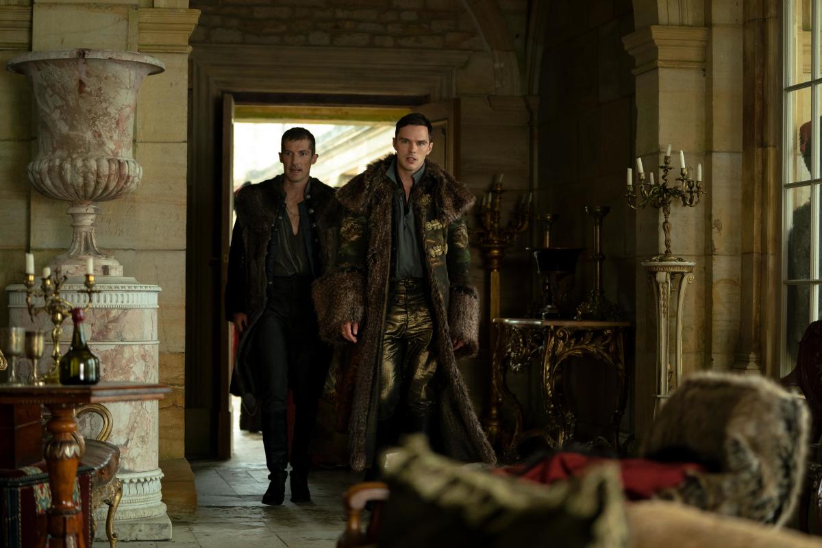 Imperial bro Grigor (Gwilym Lee) and Peter, in his dead animal coat, try to rough it in the summer house during Catherine's coup.