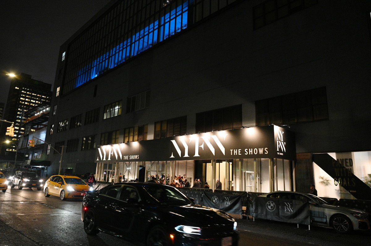 The scene outside of Spring Studios — IMG's New York Fashion Week hub — at night, during the shows. 