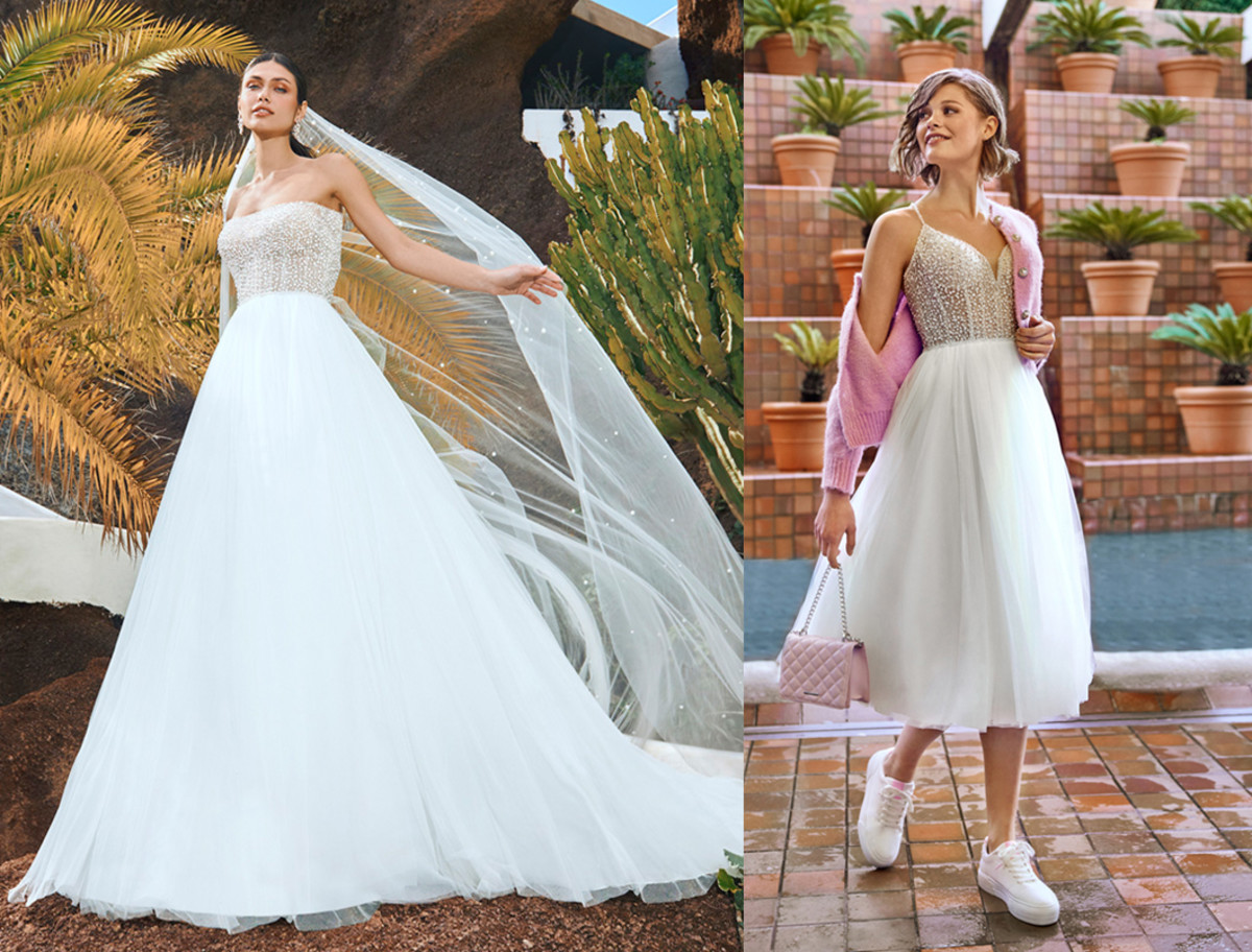 Pronovias Skellig gown (left) transformed through Second Life (right).