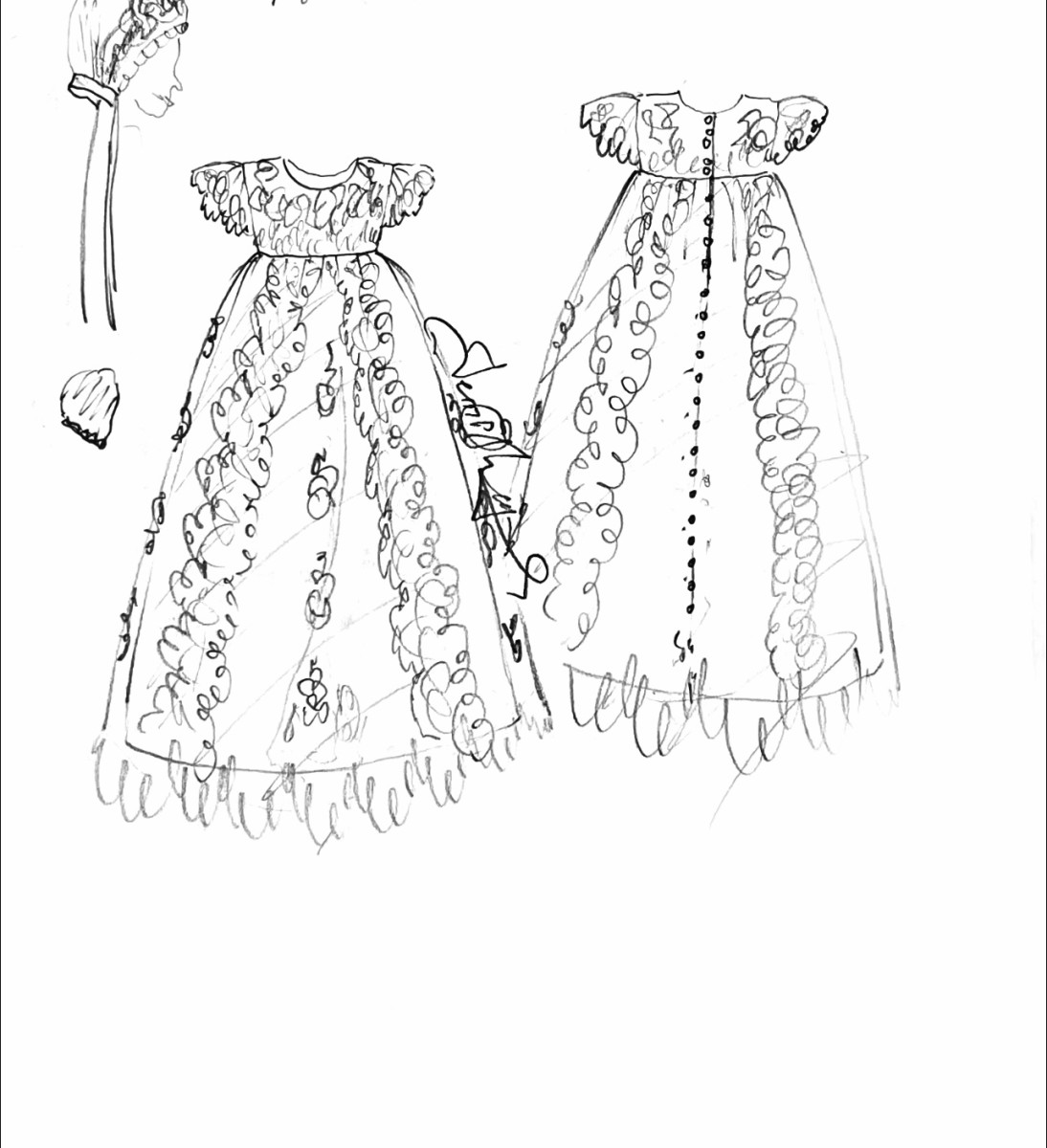 Sketch of a christening gown remade from a Kosibah wedding dress.