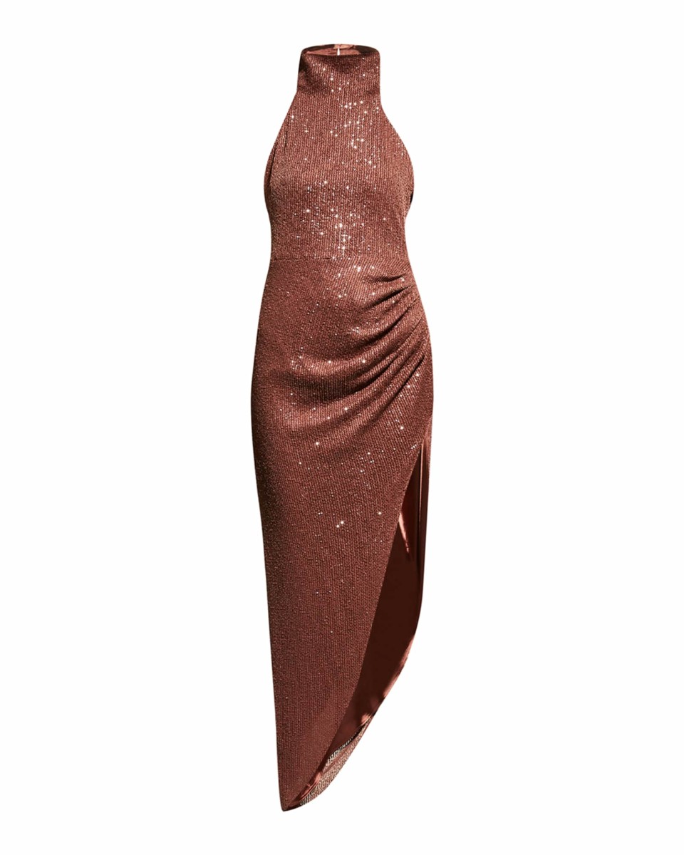 In the Mood for Love Marissa Sequined Asymmetric Halter Dress, $710