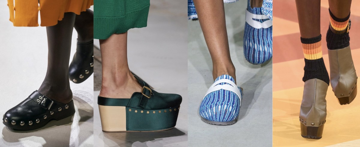Chunky clogs on the Spring 2023 runways. From left to right: Ports 1961, Vitelli, Etro, Ester Manas.