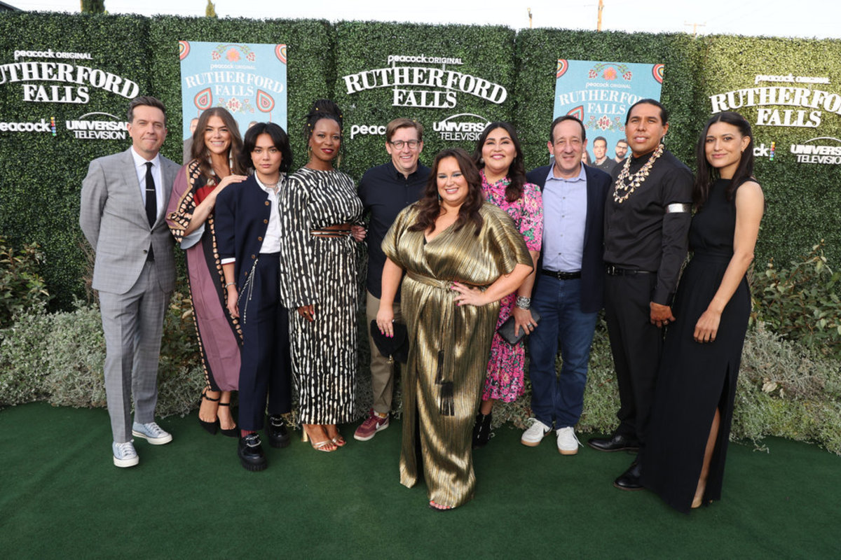 'Rutherford Falls' season two premiere, from left to right: Ed Helms, Kaniehtiio Horn, Jesse Leigh, Dana L. Wilson, Mike Falbo, Jana Schmieding (in B. Yellowtail and styled by Amy Stretten), co-creator Sierra Teller Ornelas, David Miner, Dallas Goldtooth, Julia Jones.