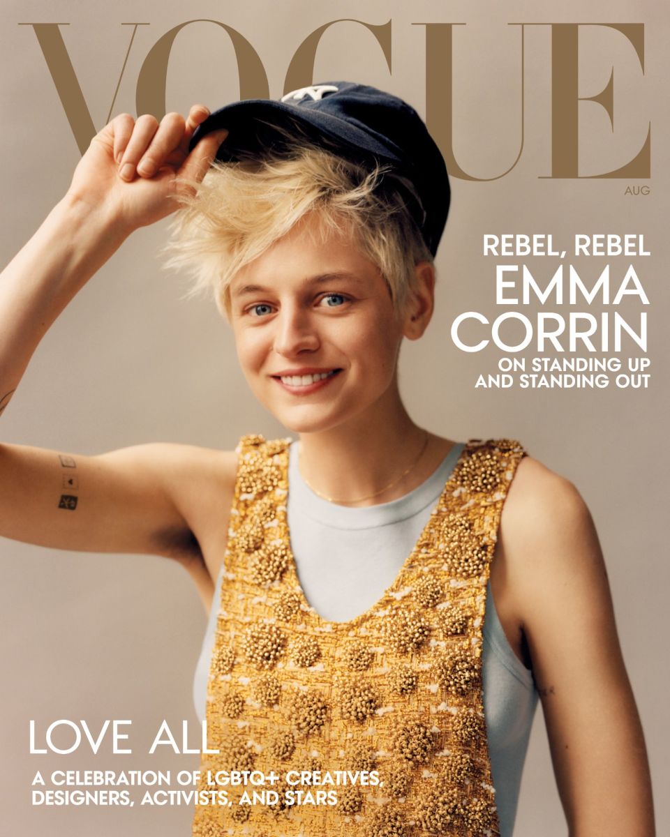 Emma Corrin covers the August 2022 issue of Vogue.
