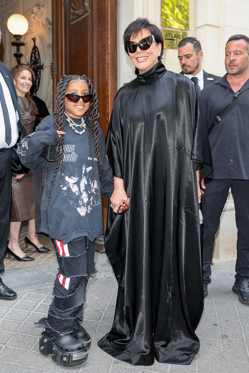 North West and Kris Jenner arrive at Balenciaga on July 06, 2022 in Paris, France.