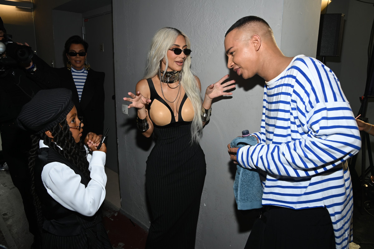 North West, Kim Kardashian and Olivier Rousteing are seen backstage after the Jean Paul Gaultier Haute Couture Fall Winter 2022 2023 show as part of Paris Fashion Week on July 06, 2022 in Paris, France