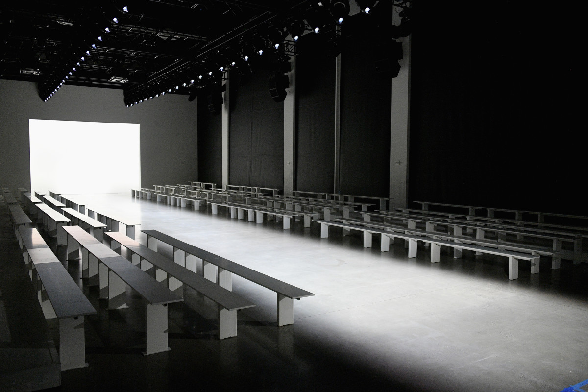 Empty rows set up around a runway at Spring Studios, one of the hubs for New York Fashion Week.