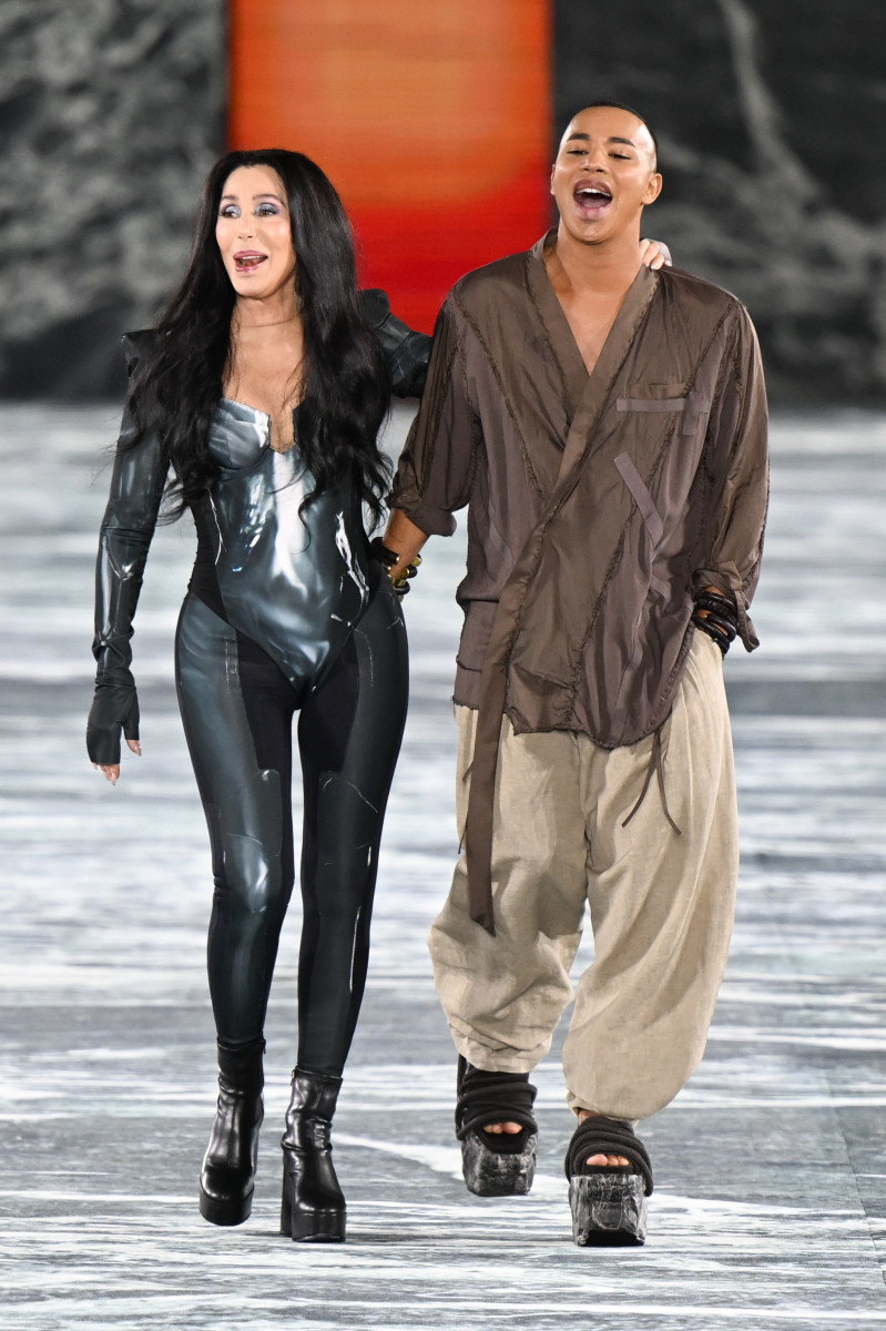 Cher and Olivier Rousteing on the Balmain Spring 2023 runway.