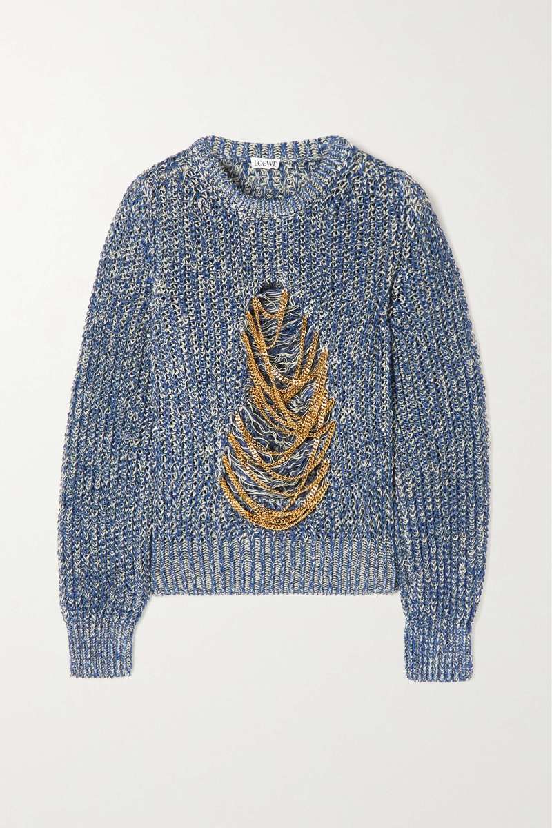 loewe Embellished distressed mélange hemp-blend sweater